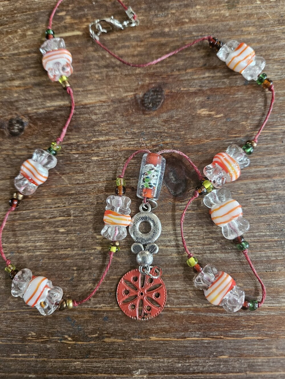 Boho Orange Glass Bead Necklace with Red Pendant